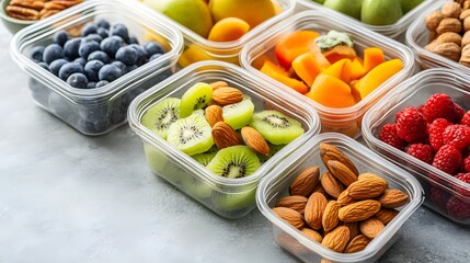 Balanced meal prep containers display a variety of fruits and nuts on a neutral background, Generative AI