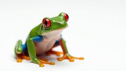 Fototapeta premium Single red-eyed tree frog on pure white, striking eyes visible, wildlife, reptile, jungle