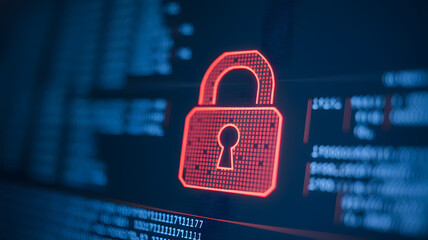 Close-up of a glowing red padlock icon on a dark computer screen, symbolizing cybersecurity, data protection, and digital privacy concepts. Ransomware attack prevention and online security themes
