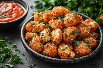 Crispy Fried Mozzarella Bites with Parsley and Spicy Marinara Sauce