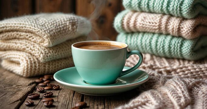 A cup of coffee on the background of a stack of cozy sweaters in pastel colors on a wooden background. Knitted woolen sweaters. Fashion Style. Copy space.