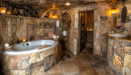 Fototapeta premium Luxurious cave spa bathroom with stone walls, jacuzzi tub, candles, and flowers. Relaxing and tranquil atmosphere.