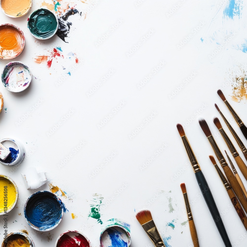 Poster a clean canvas with vibrant paints: an artist's palette ready for creation and a blank slate awaitin