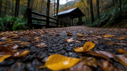 Autumn path, wet leaves