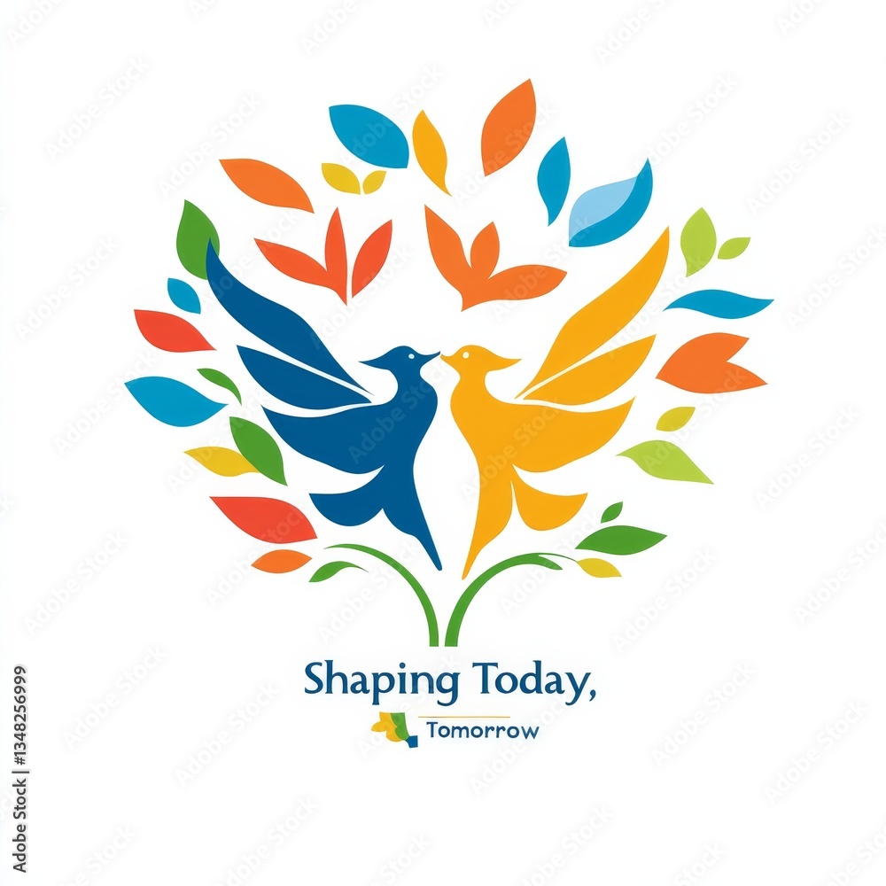 Poster colorful avian symbolism: abstract birds and leaves creating a vibrant tree illustration on a white 