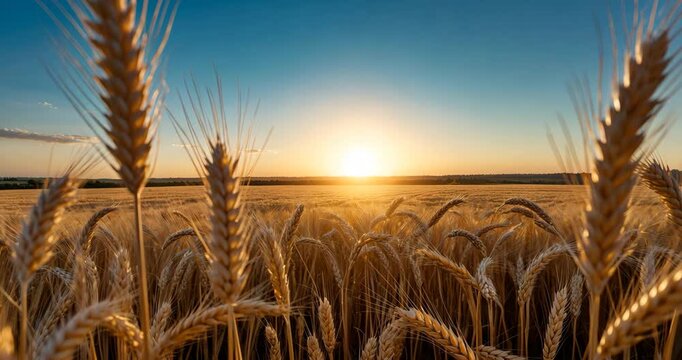 A field of golden wheat with a sun setting in the background. The sun is low on the horizon, casting a warm glow over the field. The sky is clear and blue, with no clouds in sight.