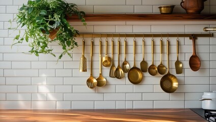 Gold kitchen utensils hanging on rack, wooden countertop, sunlight, white tile