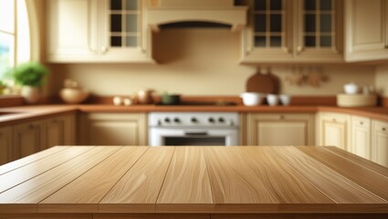 Wooden kitchen table, blurred background, home interior, cooking. Use product display