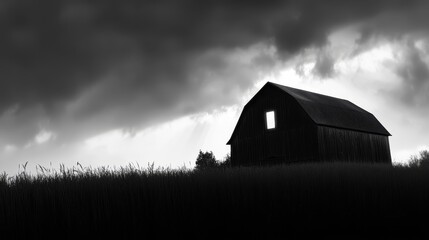 Black and White Barn Silhouette Against Dramatic Cloudy Sky