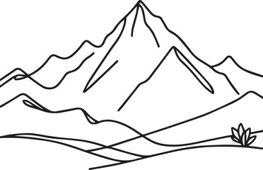 Mountain Range Landscape Continuous Line Art – Black Vector