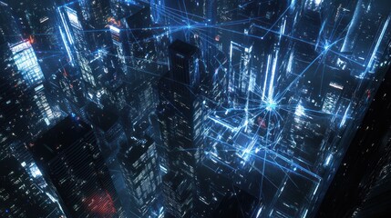 Aerial view of futuristic city network at night.  Possible use Stock photo for technology, future, urban design