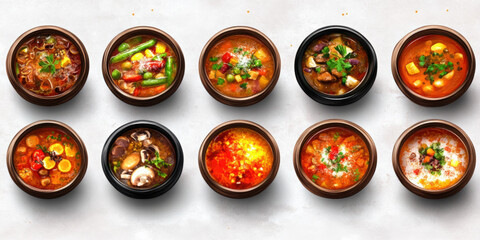 Unique handdrawn watercolor icon set of delicious soups on white background food culinary art creative viewpoint