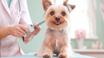 A close-up of a small Yorkshire Terrier with its tongue out, getting its nails trimmed. The dog looks relaxed and well-groomed, with professional hands taking care of its needs
