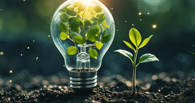 A light bulb with a sapling on the ground and sunlight. In a clean energy concept. Sustainable energy. energy saving in nature.