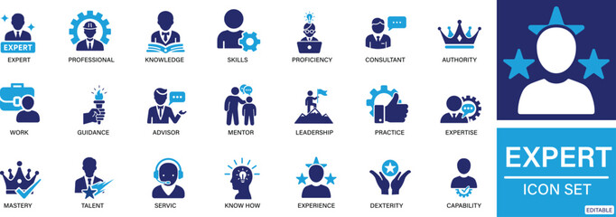 expert icon set professional, specialist, knowledge, skills, proficiency, consultant You can easily change the color.