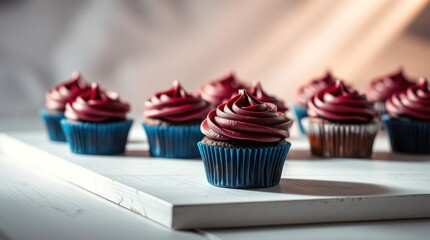 Delicious dark red frosted cupcakes on white board