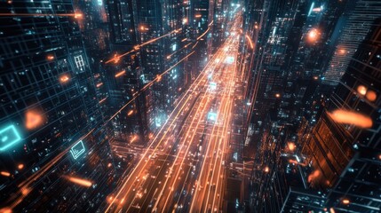 Fototapeta premium Futuristic city street at night, aerial view, digital art, urban scene