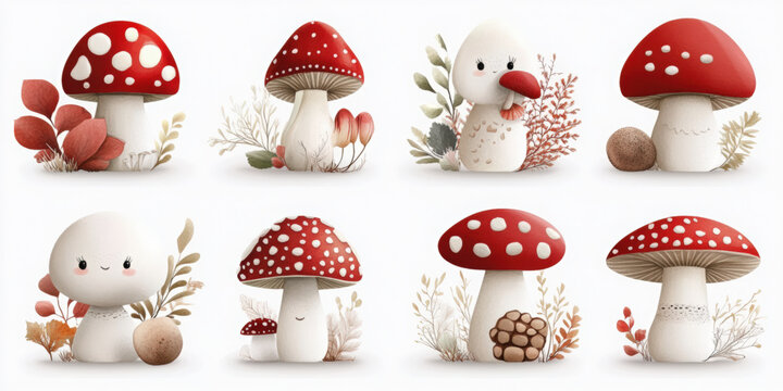 Unique watercolor icon set of cute woodland mushrooms on white background nature illustration playful style