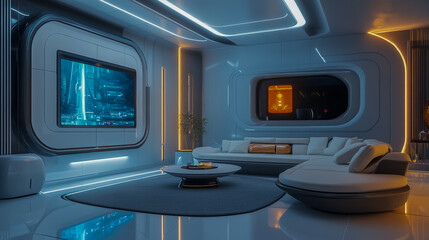 Modern Futuristic Living Room Virtual Background for Streaming, Vtuber Asset, Overlay for Twitch, Zoom, and OBS.