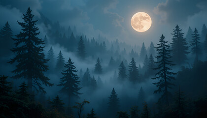 "Mystical, moonlit, misty, forest landscape background"