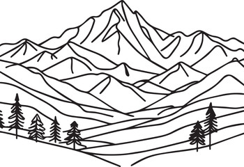 Mountain Range Landscape Continuous Line Art – Black Vector