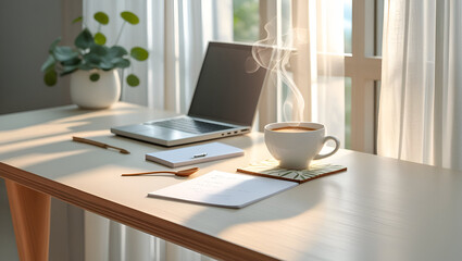 Sleek Modern Desk with Laptop, Notepad, Coffee, and Natural Light in a Minimalist Aesthetic