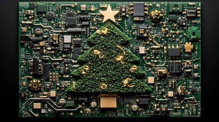 Obraz premium Circuit board Christmas tree design, modern holiday, digital art
