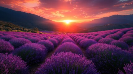 Fototapeta premium Lavender Field Sunrise Mountain View (1)