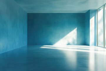 Minimalist blue empty room with sunlight streaming through large windows.