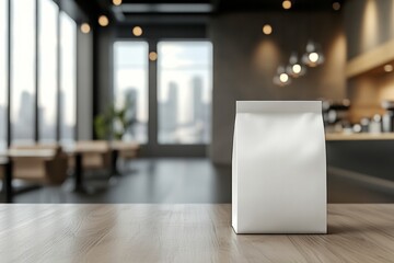 White paper bag stands on a wooden cafe table