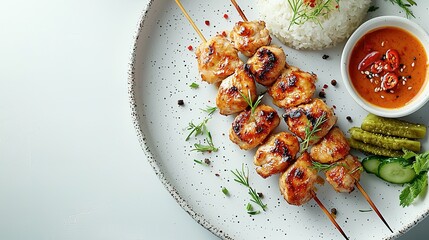 Delicious grilled chicken skewers served with rice and accompaniments on a plate