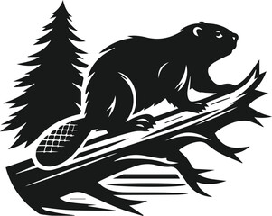 Beaver climbing onto a fallen tree vector