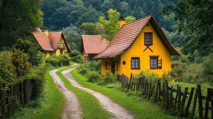 Fototapeta premium Picturesque Village Houses on Winding Road, Serene Nature Scenery