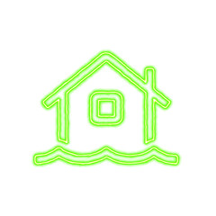 Icon house flood from the flow of energy of green color. Shimmering neon