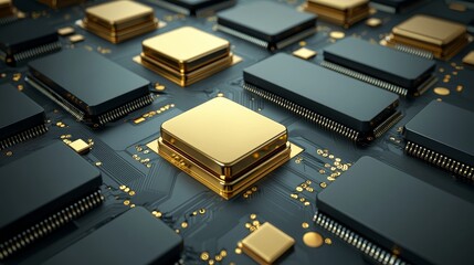 Intricate circuitry and gold contacts of a computer processor, closeup examination