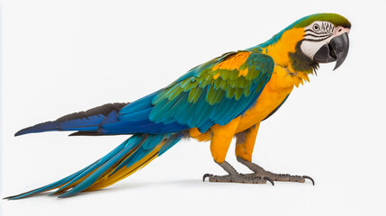 Fototapeta premium Vibrant macaw parrot with stunning feathers, isolated on a clean white background, perfect for commercial use and stock photography.