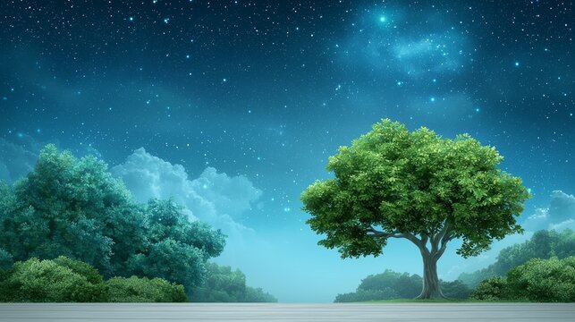 Majestic tree at night in a serene park under starry sky