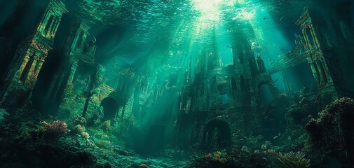 Sunbeams illuminate an ancient, submerged city.  Coral and marine life cling to the ruins, creating a mystical underwater scene.