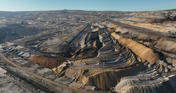 O\pen pit mine, brown coal, lignite, excavation pit in Germany. Tagebau Hambach. Aerial ivew.