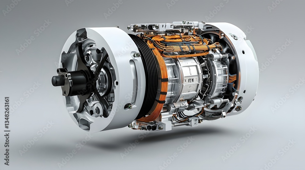 Poster a 3d rendered cutaway showcasing the intricate inner workings of an electric motor including the rot