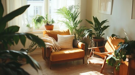 Fototapeta premium A sunny interior scene with plants and cozy seating areas