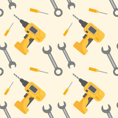 Obraz premium A seamless pattern featuring various hand tools, including drills, wrenches, and screwdrivers, ideal for DIY, construction, or tool backgrounds.