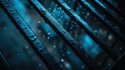 Obraz premium Close-Up Shot of Raindrops on Metallic Bars with Blue Lighting Effect