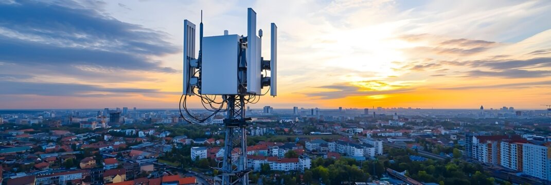 A 5G small cell tower rises above the bustling skyline of a modern metropolitan city silhouetted against a vibrant orange and blue sunset sky