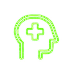 Icon head side medical from the flow of energy of green color. Shimmering neon