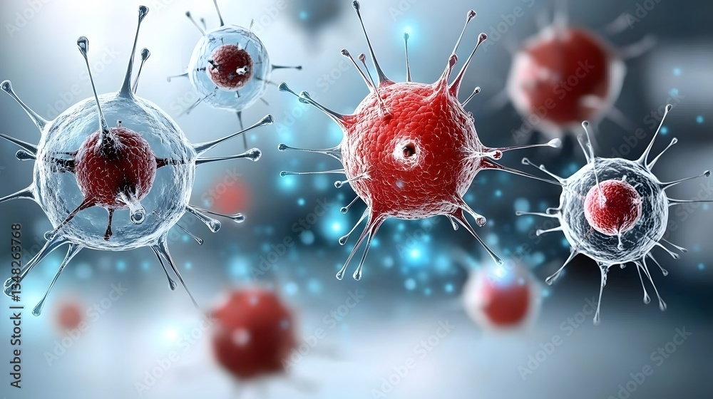 Aufkleber A close up highly detailed view of various viral cells or pathogens captured under a microscope in a sterile scientific laboratory environment