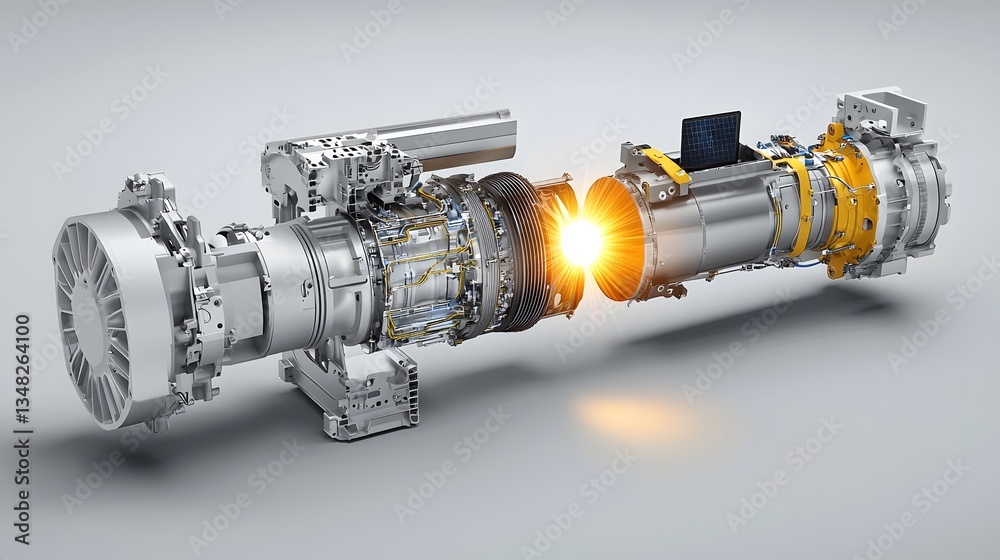 Poster a complex and futuristic solar powered electric motor with sun rays converging into the core generat