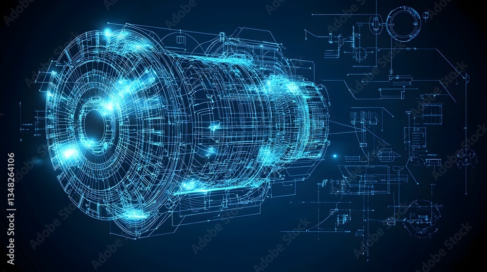 Fototapete a complex futuristic blueprint style design of an electric motor featuring a glowing wireframe struc