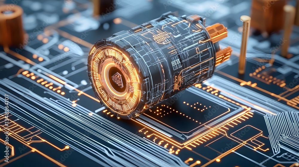 Poster a complex and advanced circuit board featuring an embedded electric motor creating a cutting edge te