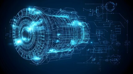 A complex futuristic blueprint style design of an electric motor featuring a glowing wireframe structure and intricate engineering details